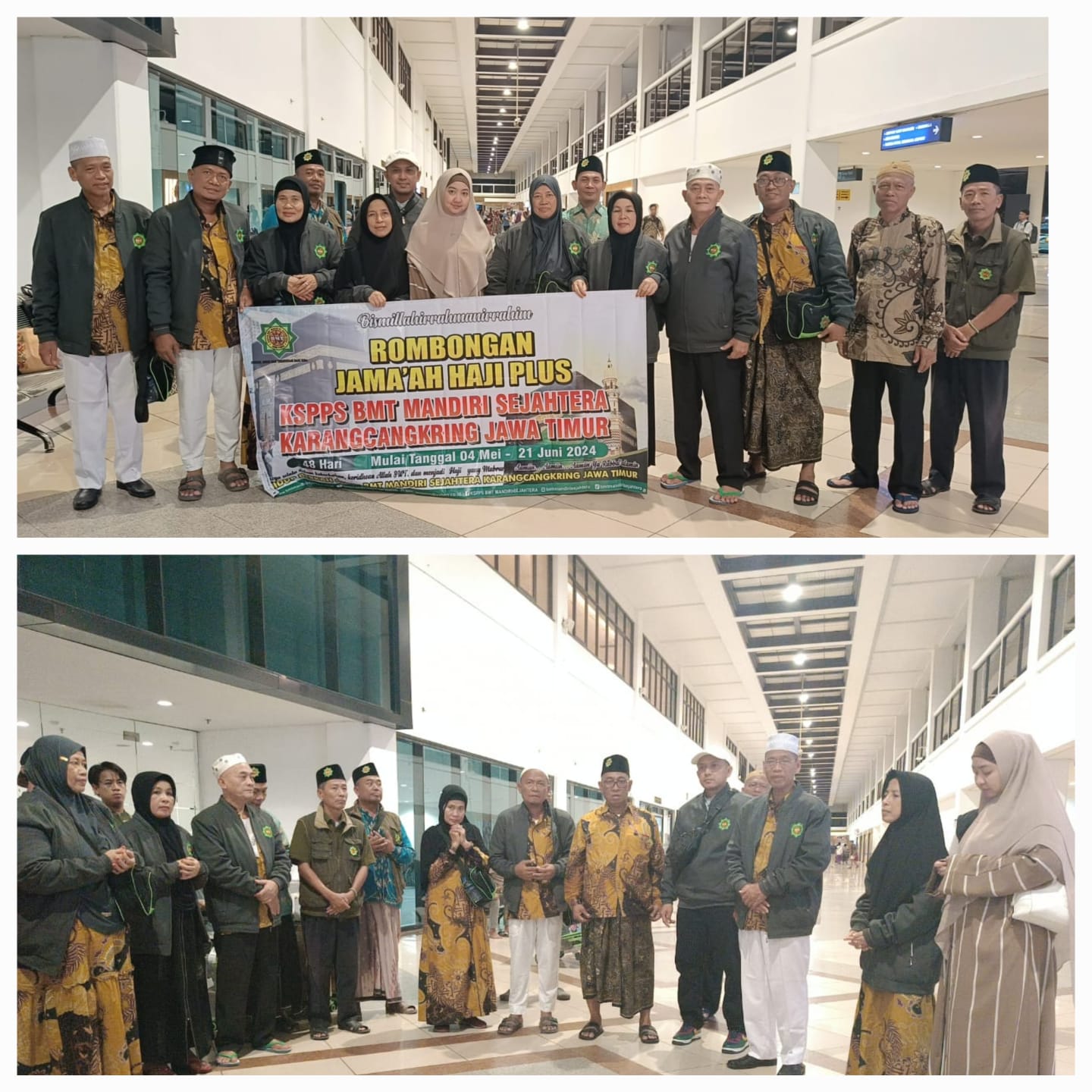 Prosesi Kepulangan 10 Jamaah HAJI PLUS KSPPS BMT Mandiri Sejahtera Jawa Timur (04 Mei - 21 Juni 2024) di Bandara Juanda Surabaya suwun