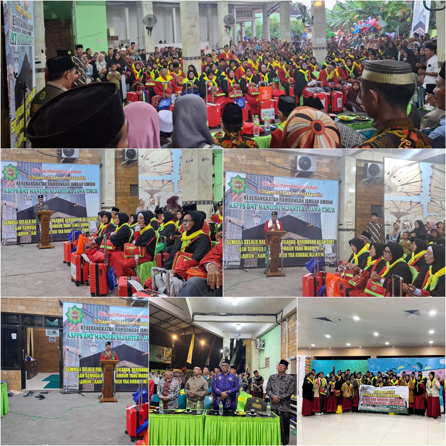 Prosesi Pemberangkatan 239 Jamaah Umroh KSPPS BMT Mandiri Sejahtera Jawa Timur Paket 13 Hari (19 Februari - 3 Maret 2025) di Halaman Kantor Pusat KSPPS BMT Mandiri Sejahtera Jawa Timur dam Bandara Juanda Surabaya.