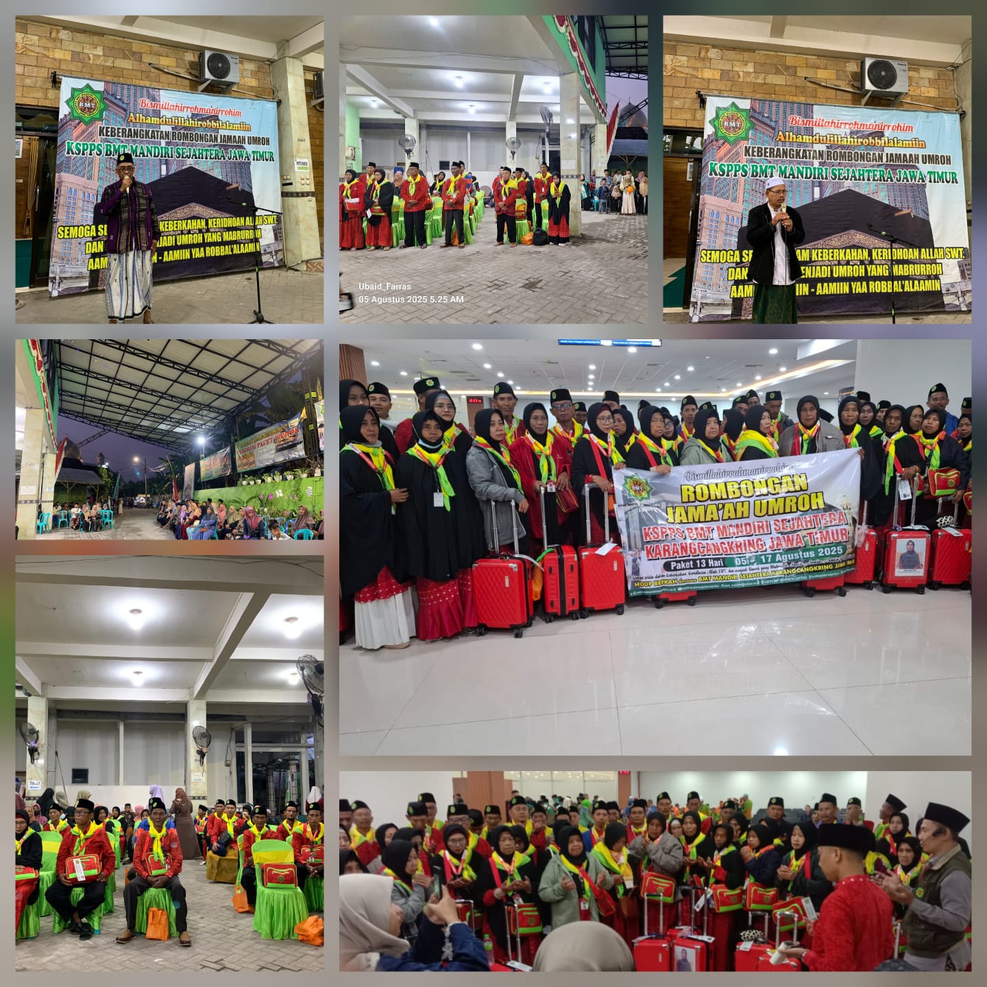 Prosesi Pemberangkatan 58 Jamaah Umroh KSPPS BMT Mandiri Sejahtera Jawa Timur Paket 13 Hari (05 Agustus - 17 Agustus 2025) di Halaman Kantor Pusat KSPPS BMT Mandiri Sejahtera Jawa Timur dan Bandara Juanda Surabaya.