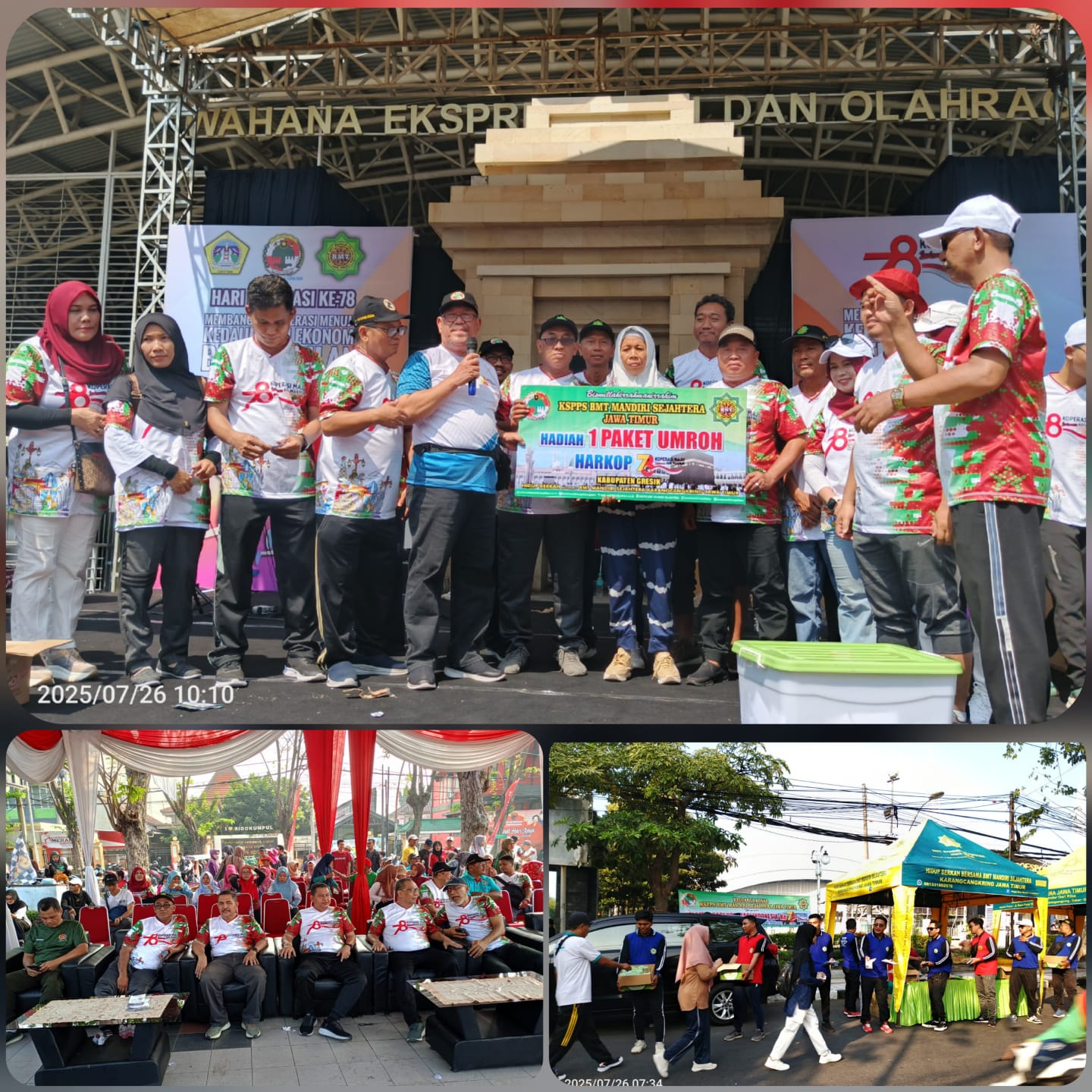 General Manager (Bpk.H.M.Ayubi Chozin) KSPPS BMT Mandiri Sejahtera Karangcangkring Jawa Timur menyerahkan Hadiah Utama 1 Paket Umroh 12 Hari dari KSPPS BMT Mandiri Sejahtera Karangcangkring Jawa Timur  kepada pemenang undian dalam acara Perayaan Harkop Ke