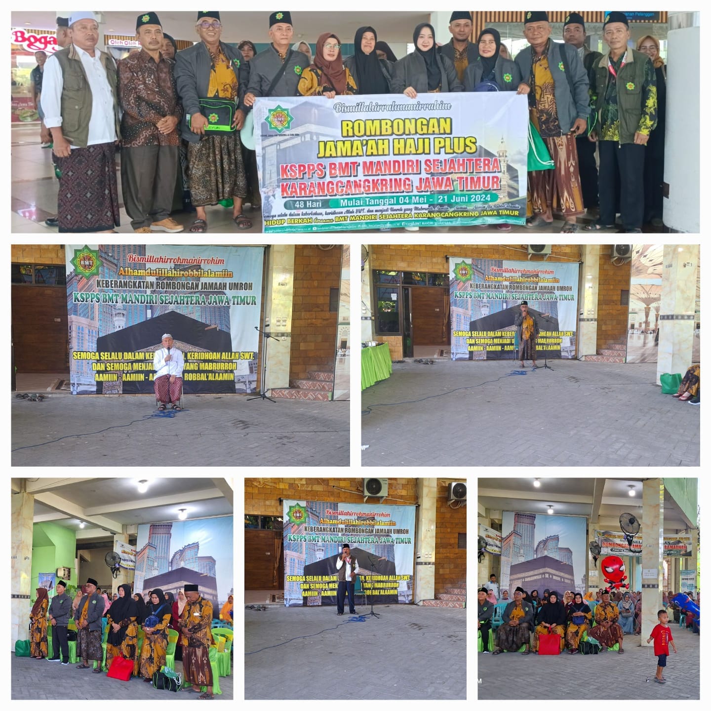 Prosesi Pemberangkatan Jamaah Haji Plus KSPPS BMT Mandiri Sejahtera Jawa Timur 48 Hari (04 Mei - 21 Juni 2024) di Halaman Kantor Pusat KSPPS BMT Mandiri Sejahtera Jawa Timur dan di Bandara Juanda Surabaya