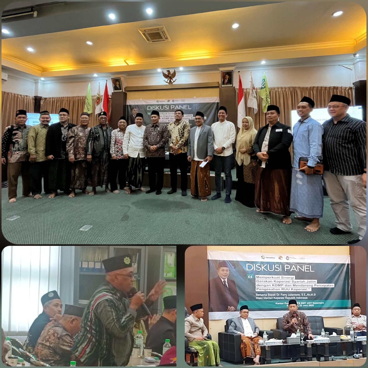 General Manager KSPPS BMT Mandiri Sejahtera Jawa Timur (Bp.H.M.Ayubi Chozin) bersama Wamenkop RI, Direktur Pembiayaan Syariah LPDB-KUMKM dan Ketua FKS Jatim dalam acara Diskusi Panel Memperkuat Sinergi Gerakan Koperasi Syariah Jatim dengan Koperasi Desa M