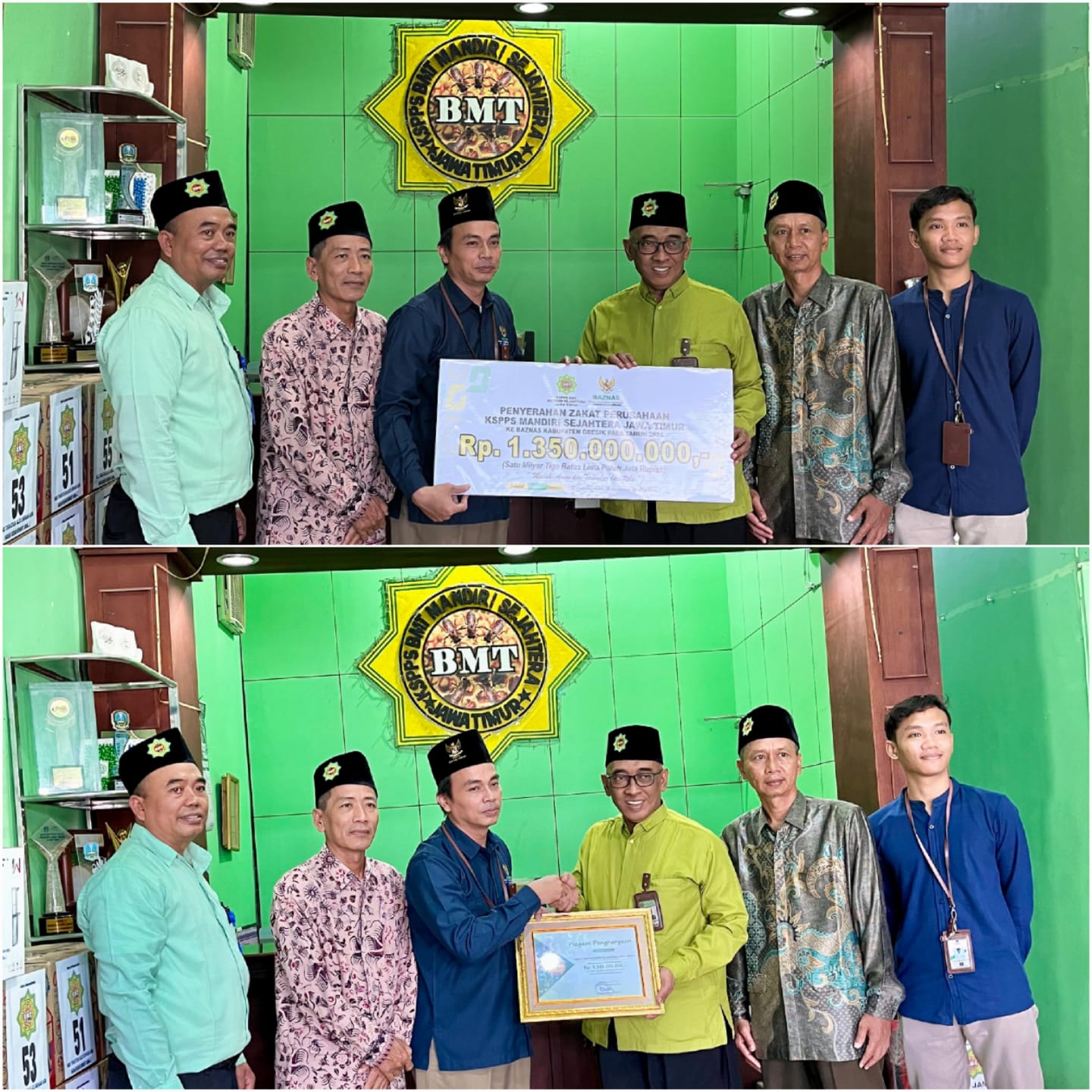  Pengurus (Bp.Sukirno dan Bp.H.Matokan) serta General Manager KSPPS BMT Mandiri Sejahtera Jawa Timur (Bp.H.M.Ayubi Chozin) menyerahkan Dana Zakat KSPPS BMT Mandiri Sejahtera Jawa Timur Tahun Buku 2024 sebesar Rp.1.350.000.000,- kepada BAZNAS KABUPATEN GRE